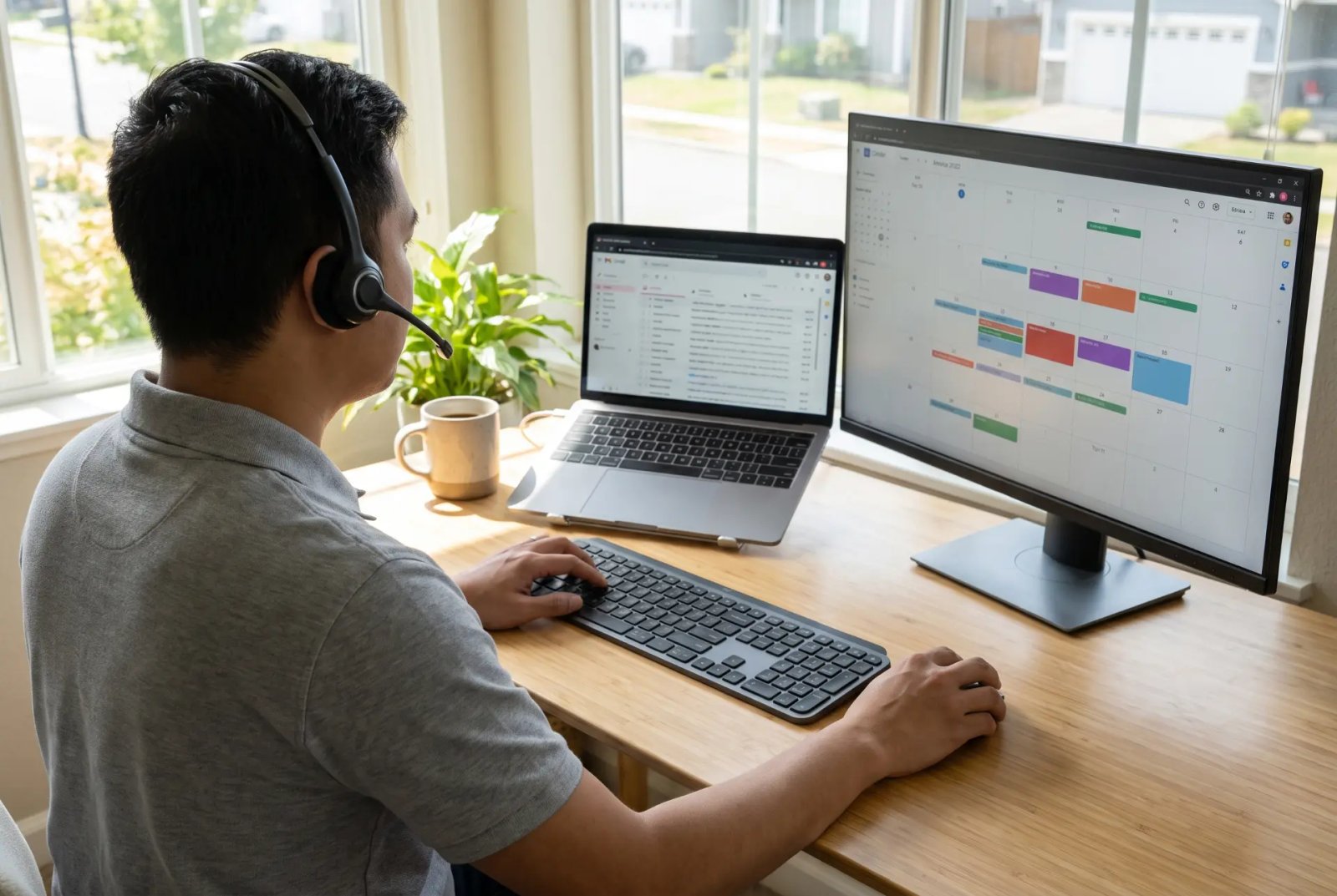 A remote professional working from a home office with a headset, laptop and monitor