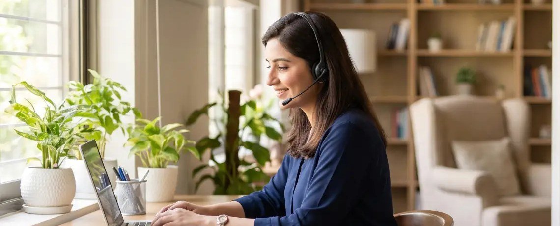 A remote professional working from a bright home office with a headset, plants and a bookshelf